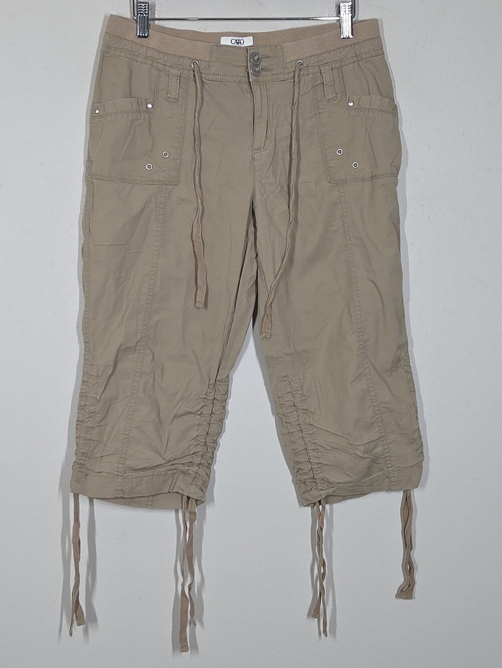 Vtg Y2K Cato Tan Brown Convertible Capri Pants Drawstring Ruched 6 Gorpcore Boho